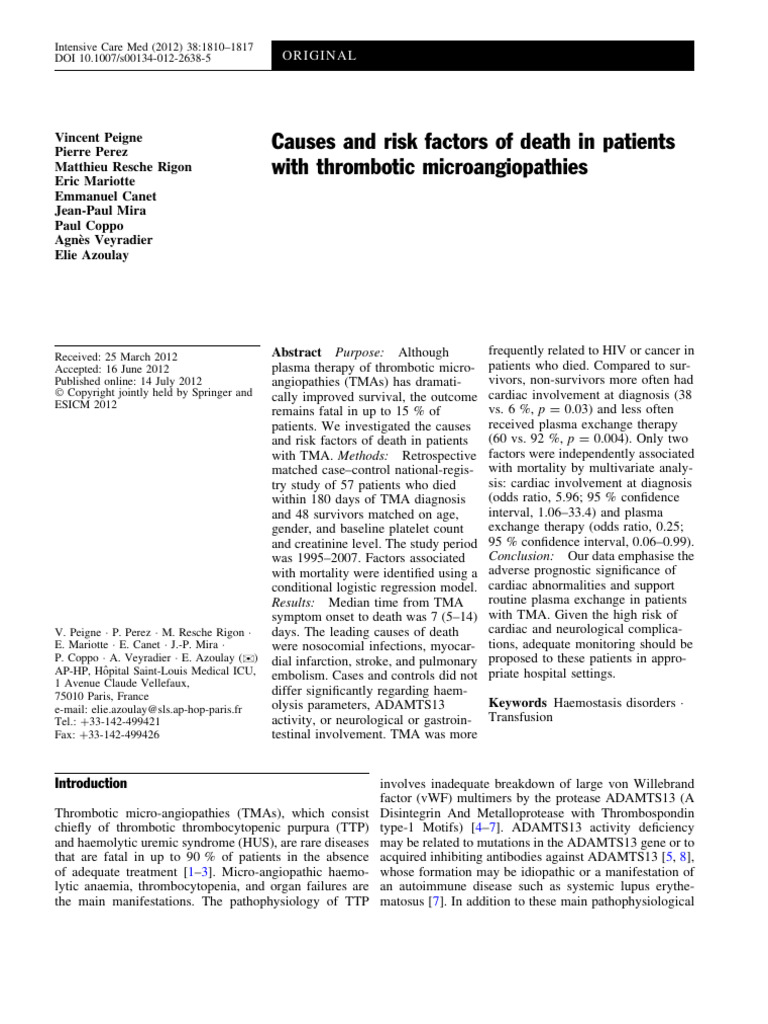 TTP Risk Factors of Death ICM0912 | PDF | Clinical Medicine | Diseases ...