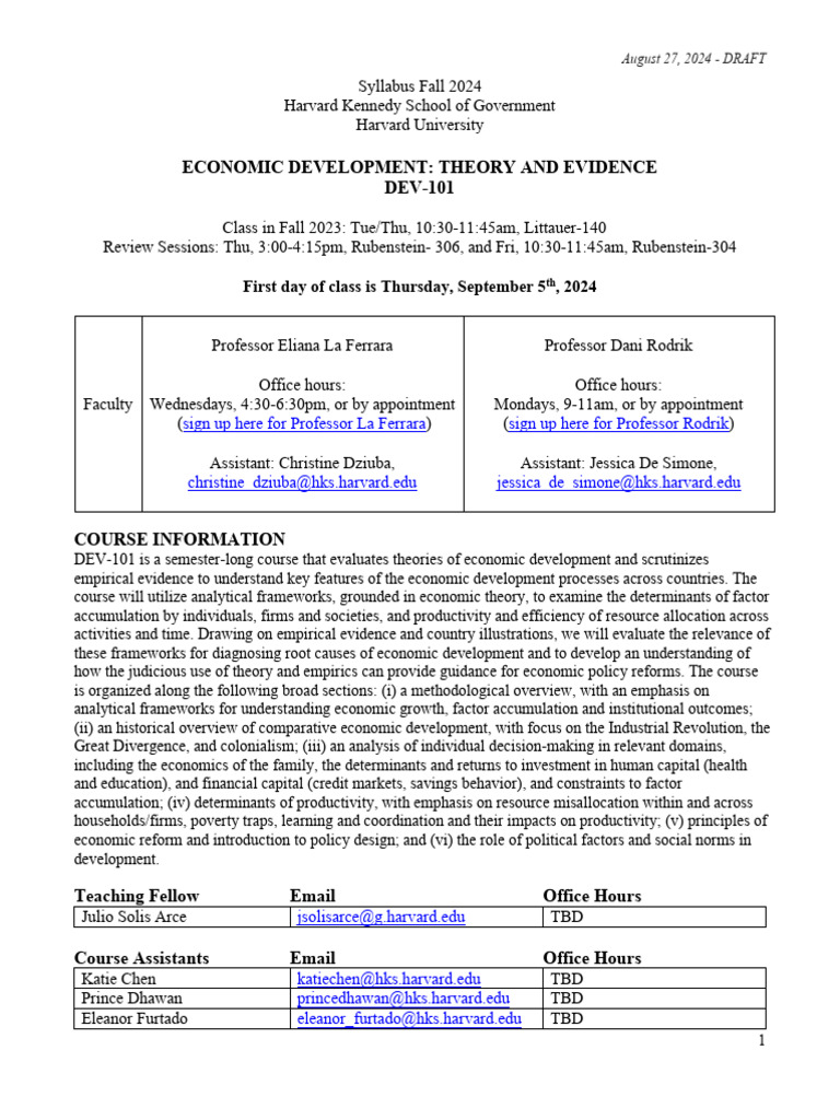 ECONOMIC DEVELOPMENT: THEORY AND EVIDENCE DEV-101 Syllabus Fall Harvard ...