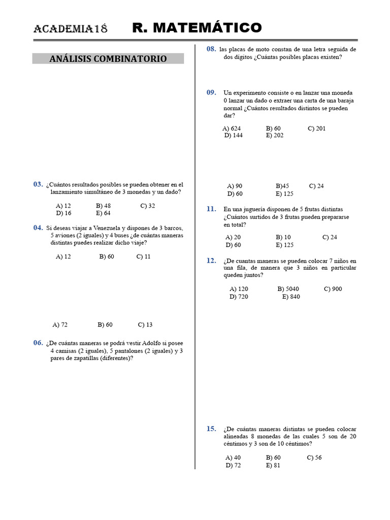 Pre RM Análisis Combinatorio | PDF