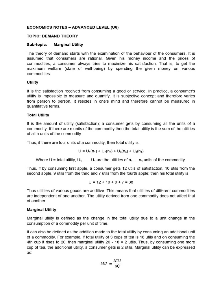 U6 Economics Consumer Behaviour Notes | PDF | Utility | Economic Surplus