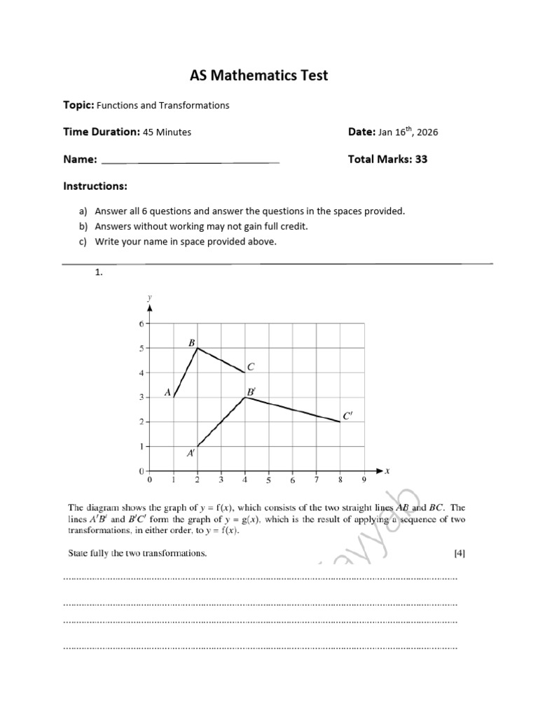 As Mathematics Test (Functions and Transformations) | PDF