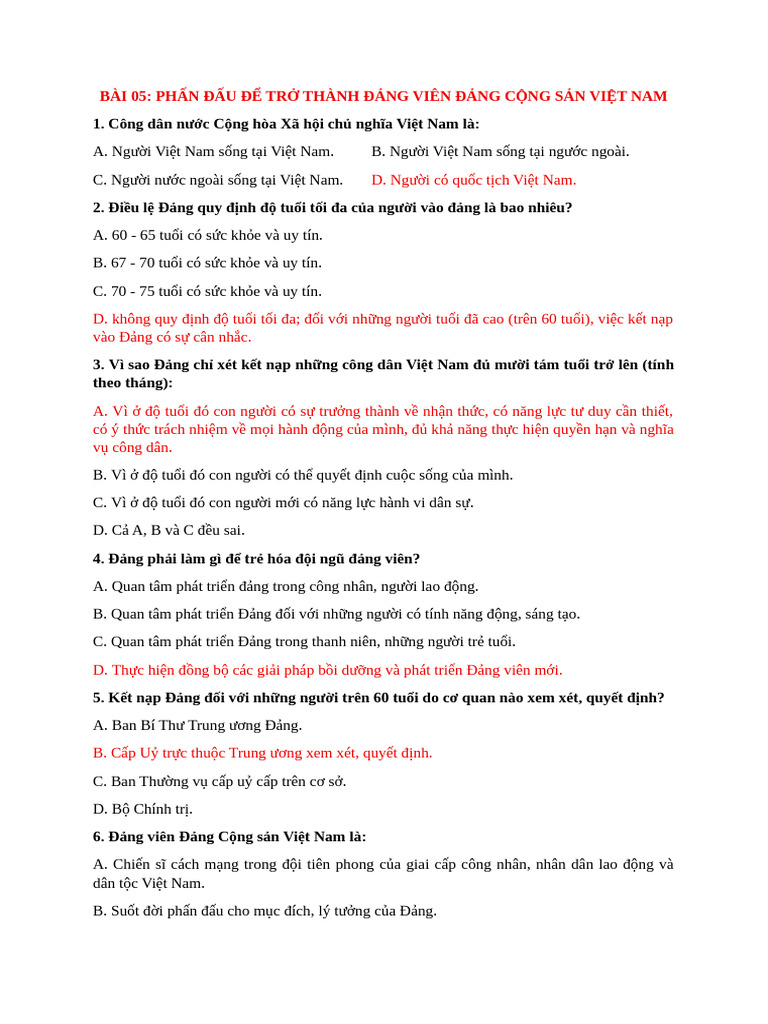 BỘ CÂU HỎI TRẮC NGHIỆM BÀI 05 | PDF