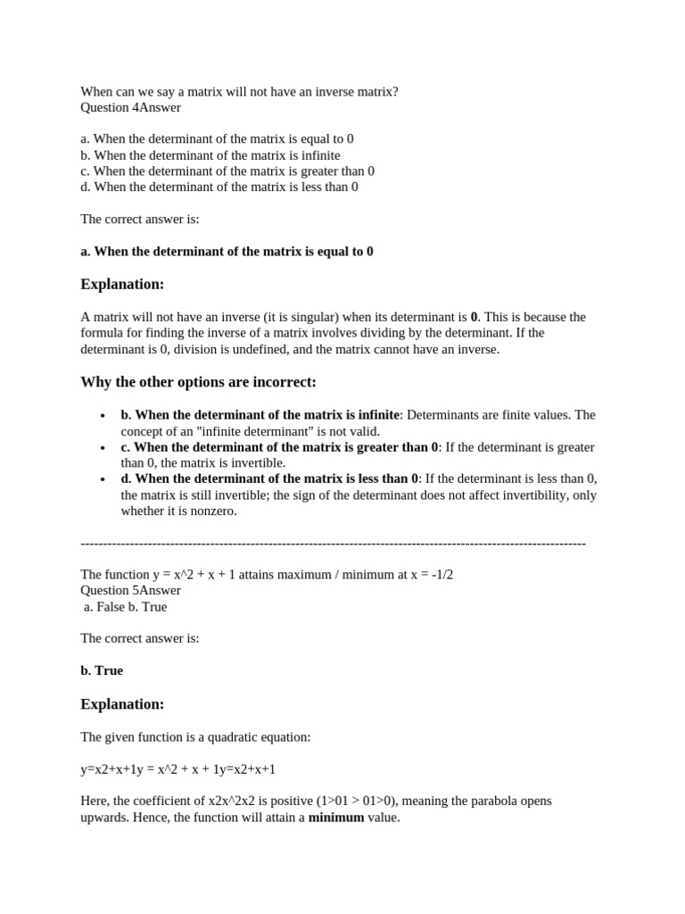 When Can We Say a Matrix Will Not Have an Inverse Matrix | PDF ...