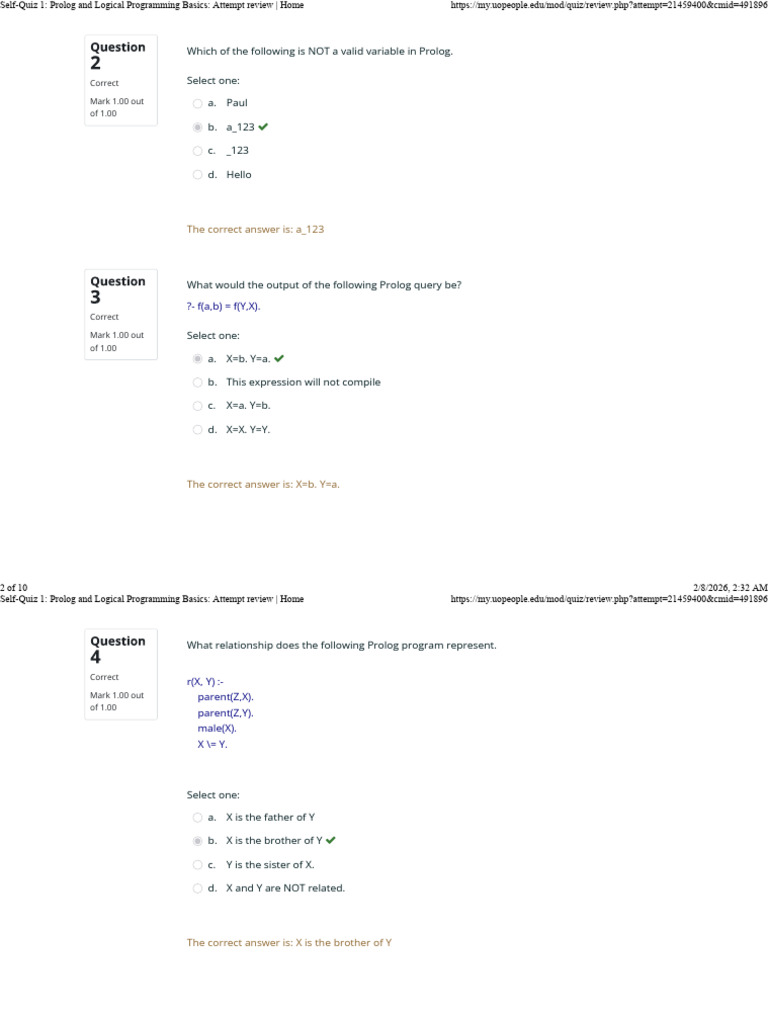 Self-Quiz 1 - Prolog and Logical Programming Basics - Attempt Review ...