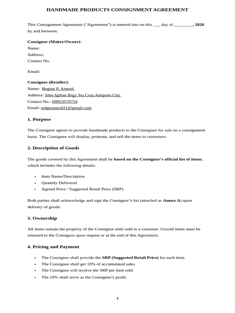 Consignment Agreement 2026 | PDF