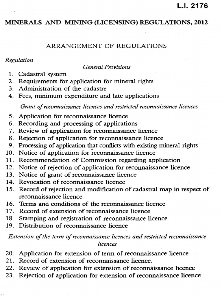 Minerals and Mining (Licensing) Regulations, 2012 (LI 2176) | PDF ...