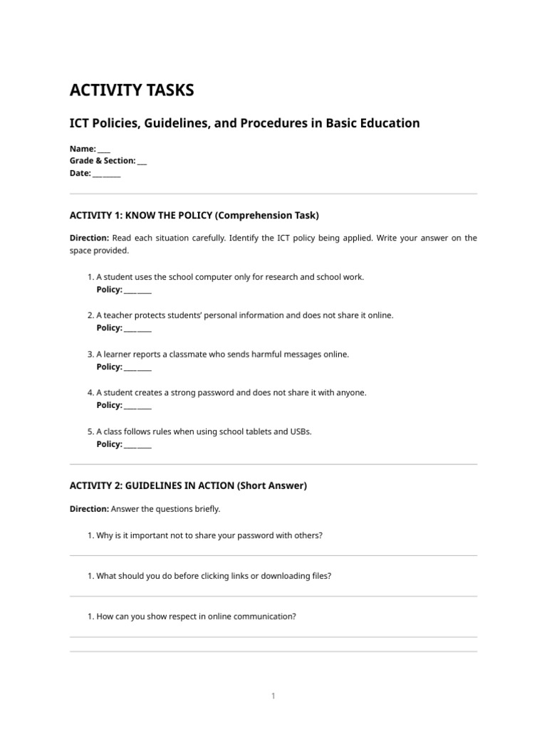 PED 8 Activity 2 Ict Policies and Safety | PDF | Critical Thinking ...