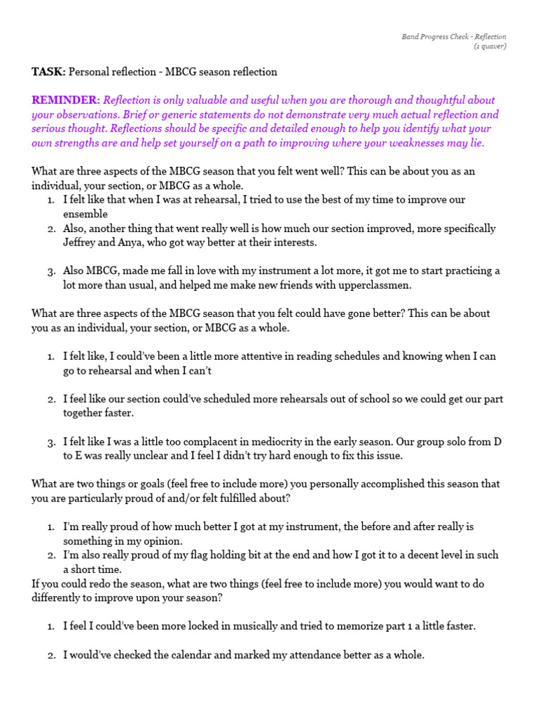 BandPC - MBCG Season Reflection | PDF