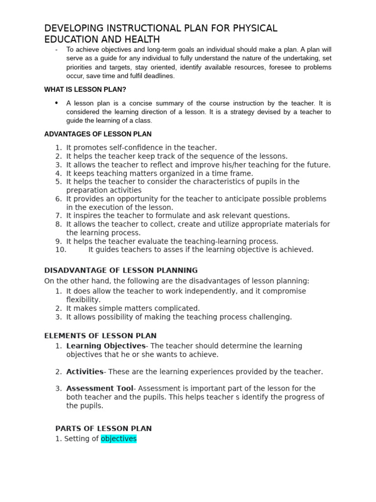 Developing Instructional Plan For Physical Education and Health | PDF ...