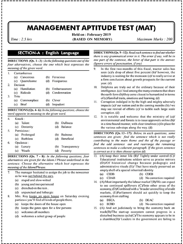 MAT 2019 Question Paper With Solution | PDF