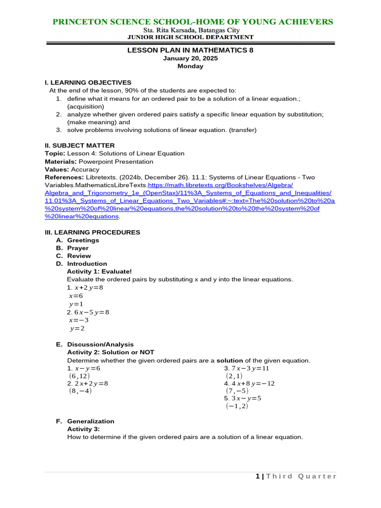 Q3 Lesson 4 Solutions of Linear Equation | PDF | Equations | Mathematics