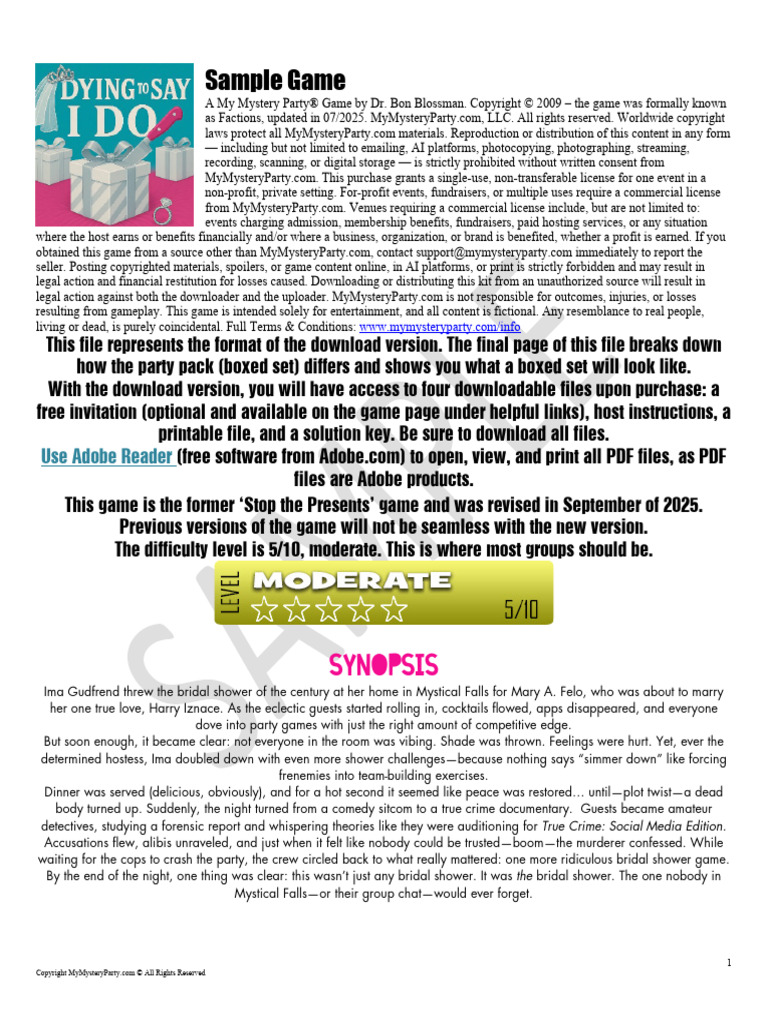 Dying To Say I Do Sample Game 2025 | PDF