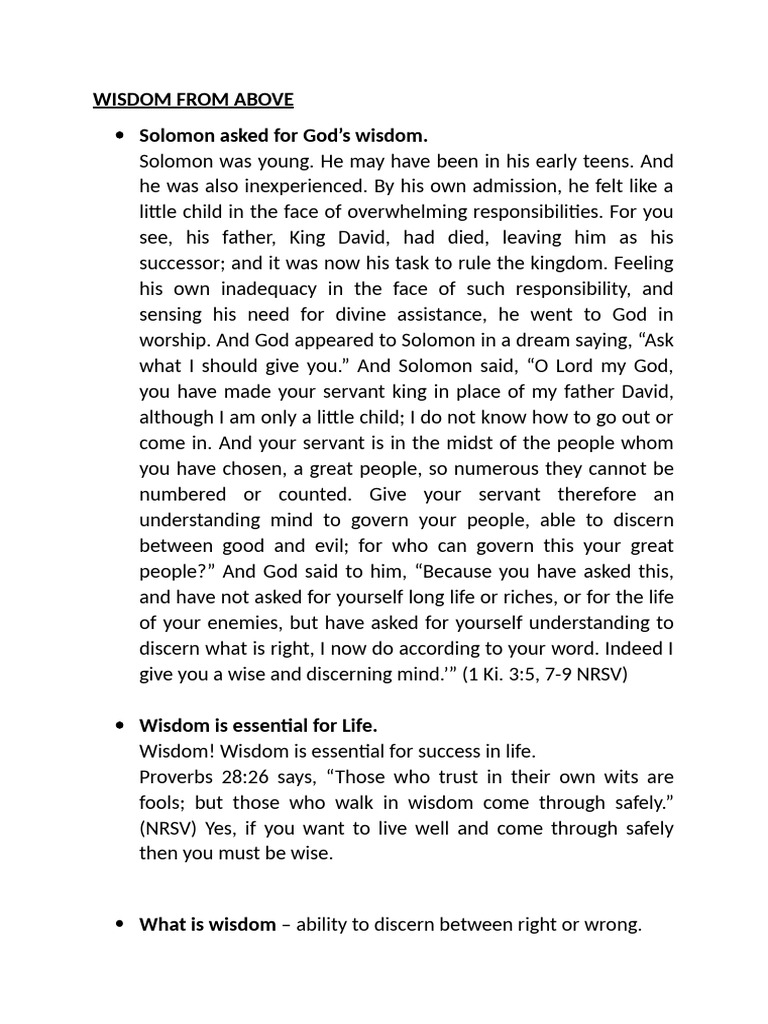 Wisdom From Above | PDF | Solomons | Wisdom