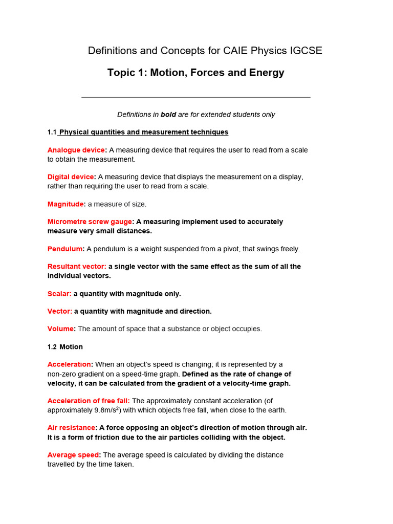 Definitions - Topic 1 Motion, Forces and Energy - CAIE Physics IGCSE ...