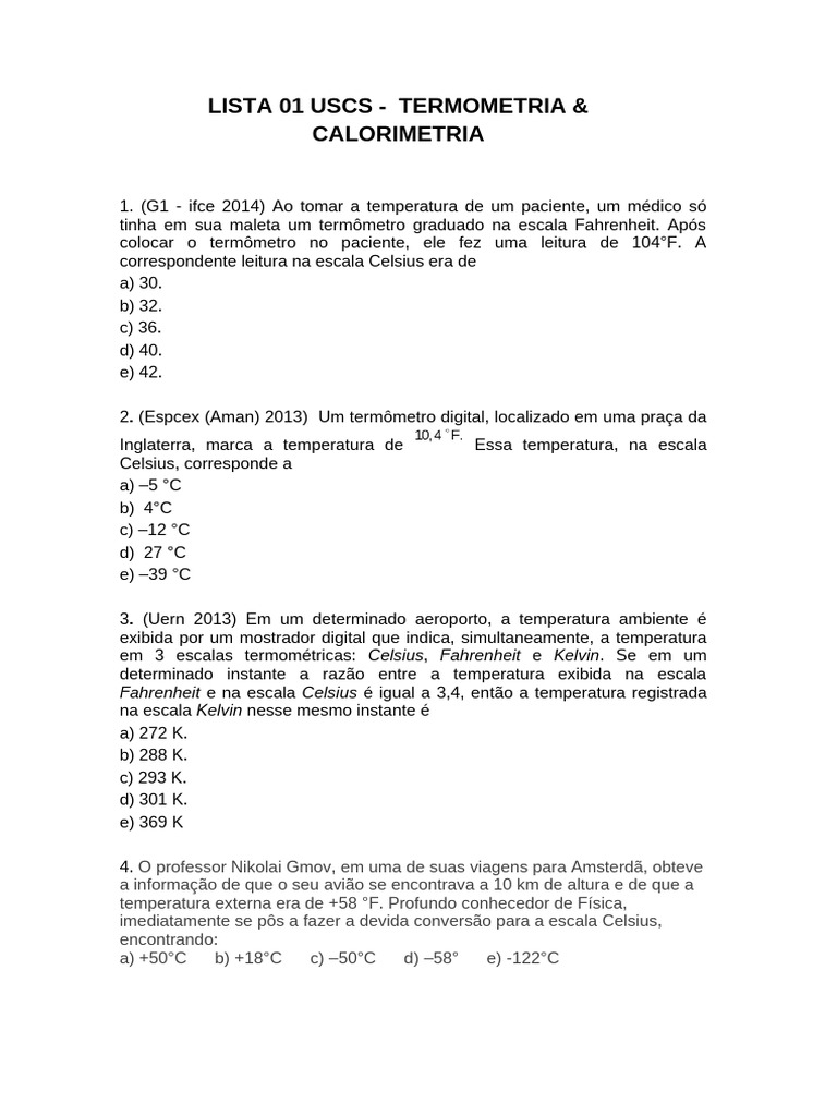 Lista 01 Termometria e Calorimetria | PDF | Calor | Temperatura
