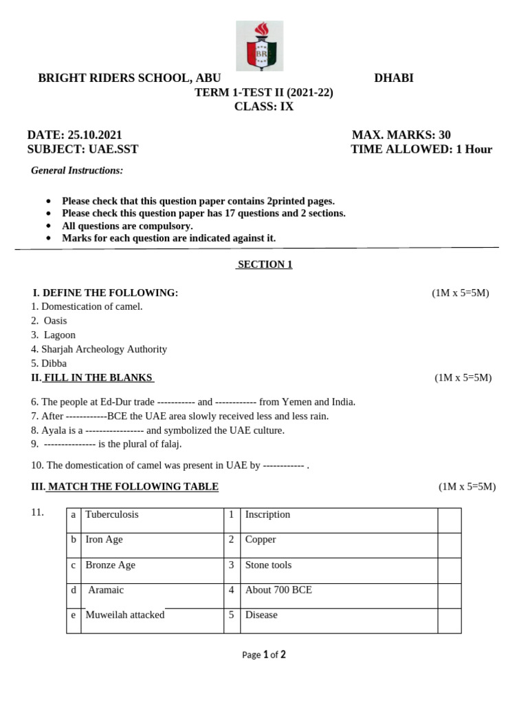9th Uae - SST Sample Question Paper Pt-2 (2021) | PDF | United Arab ...