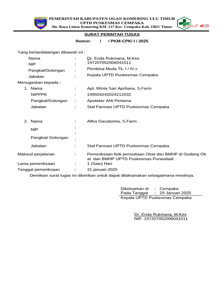 Surat Tugas So PKM Cempaka, Insp | PDF