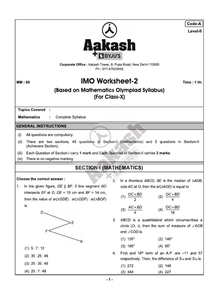 IMO Worksheet-2 (L-II) - Class 10 | PDF