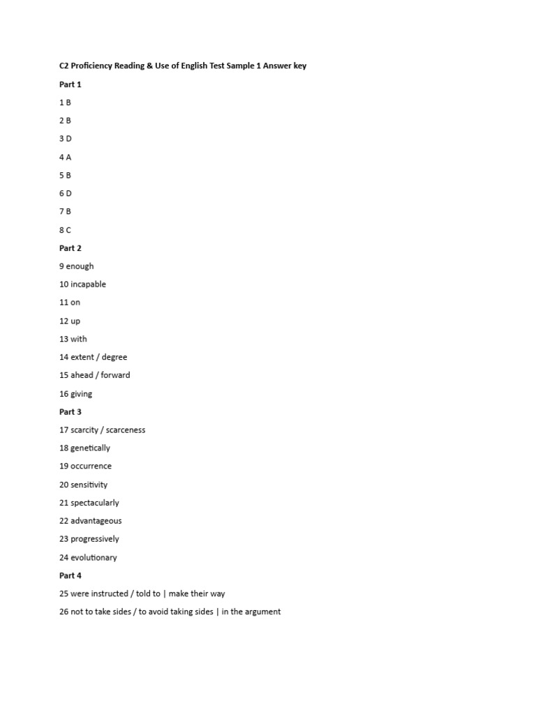 697503 c2 Proficiency Reading Use of English Test Sample 1 Answer Key | PDF