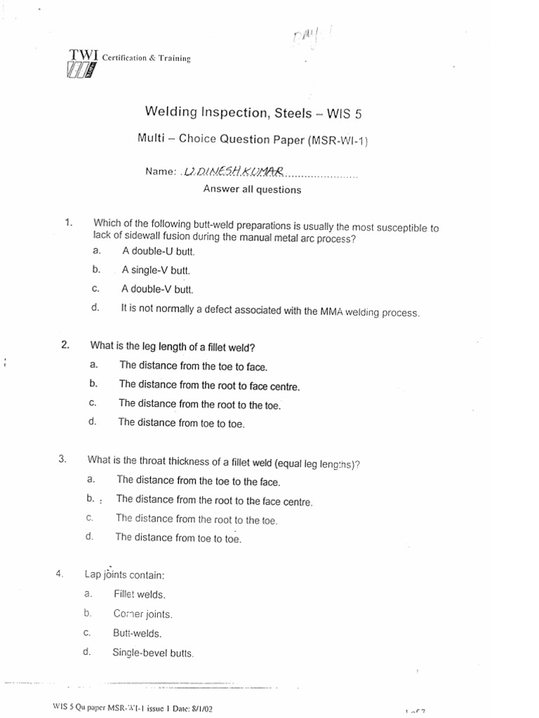 Cswip 3.1 TWI Questions and Answers | PDF