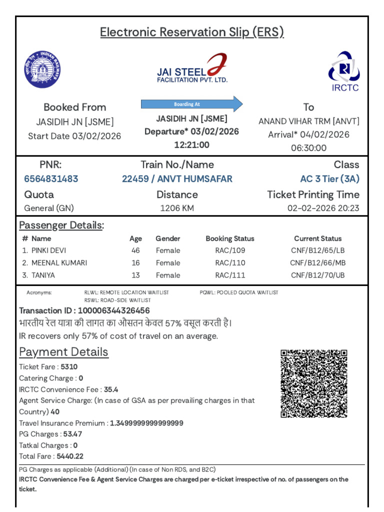Electronic Reservation Slip (ERS) : Booked From To | PDF