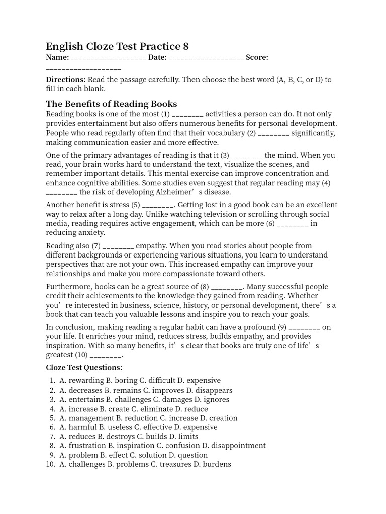 English Cloze Test Practice 8 | PDF | Empathy | Cognitive Psychology
