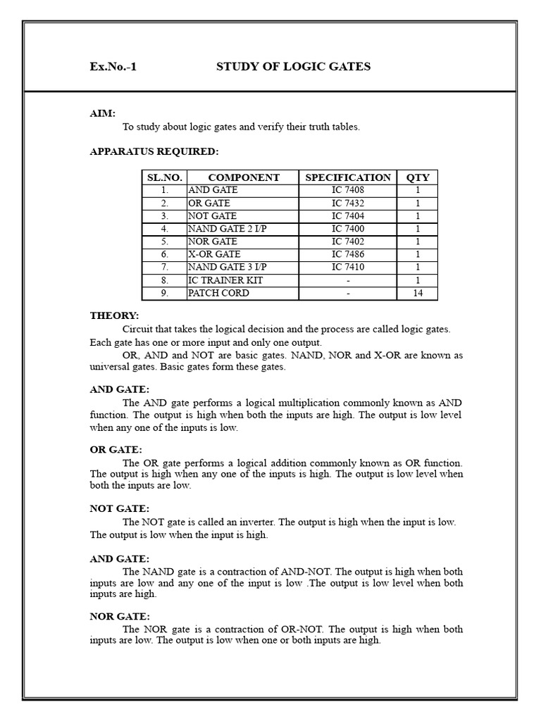 Exp1 (Study of Logic Gates) | PDF | Logic Gate | Electronics