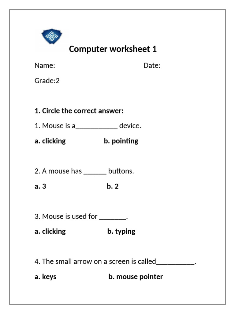 Computer Worksheet 1 GR 1 Mouse | PDF