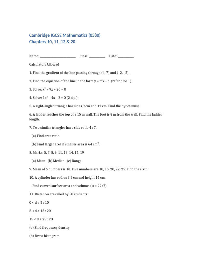 IGCSE 0580 Printable Worksheet | PDF