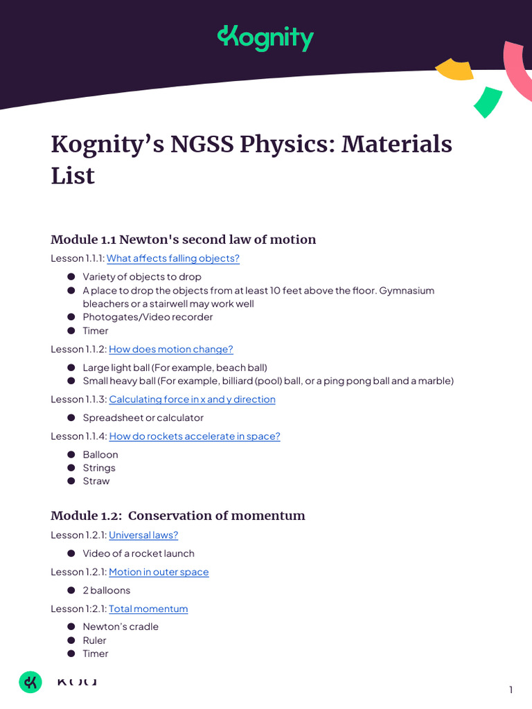 NGSS Physics Materials List | PDF | Force | Momentum