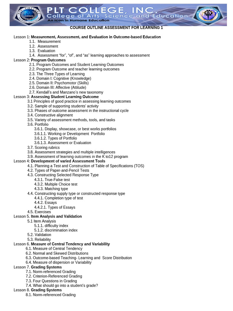 Course Syllabus Assessment For Learning 1 | PDF | Educational ...