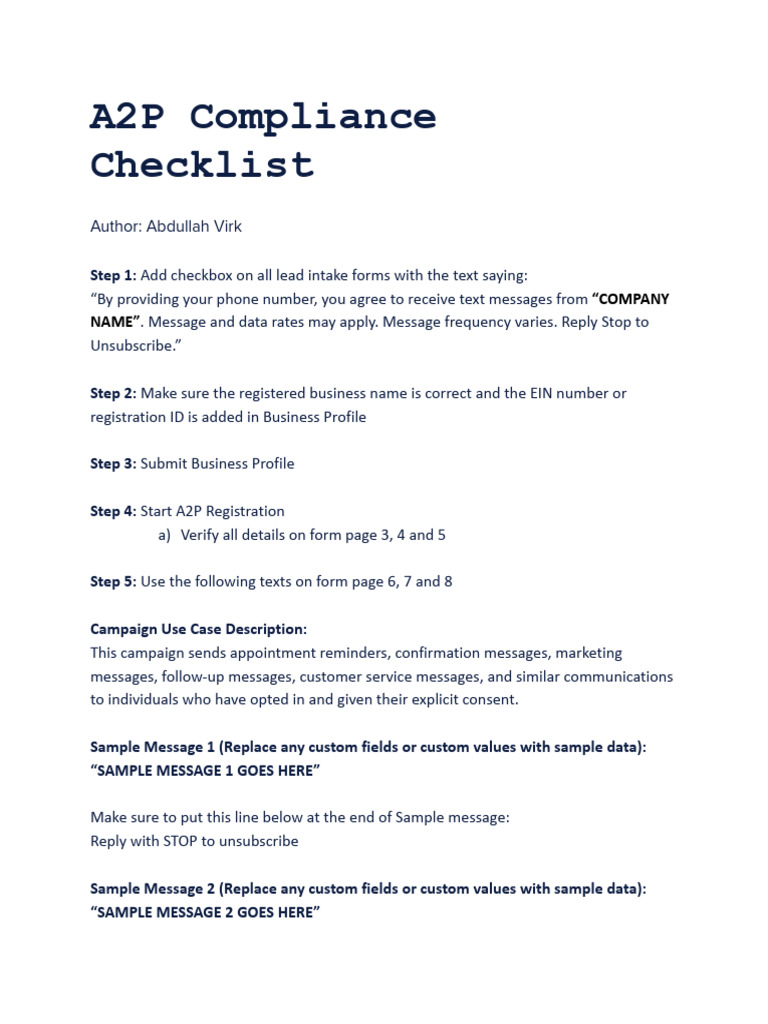 A2P 10DLC Compliance Checklist | PDF