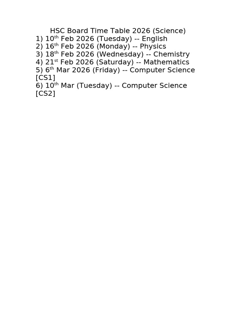 HSC Board Time Table 2026 | PDF