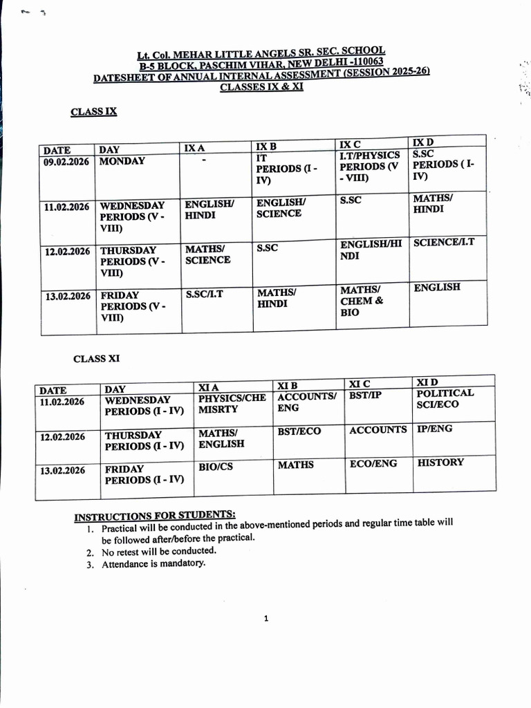 Datesheet For Annual Examination Classes Ix & Xi (Session 2025-26) | PDF