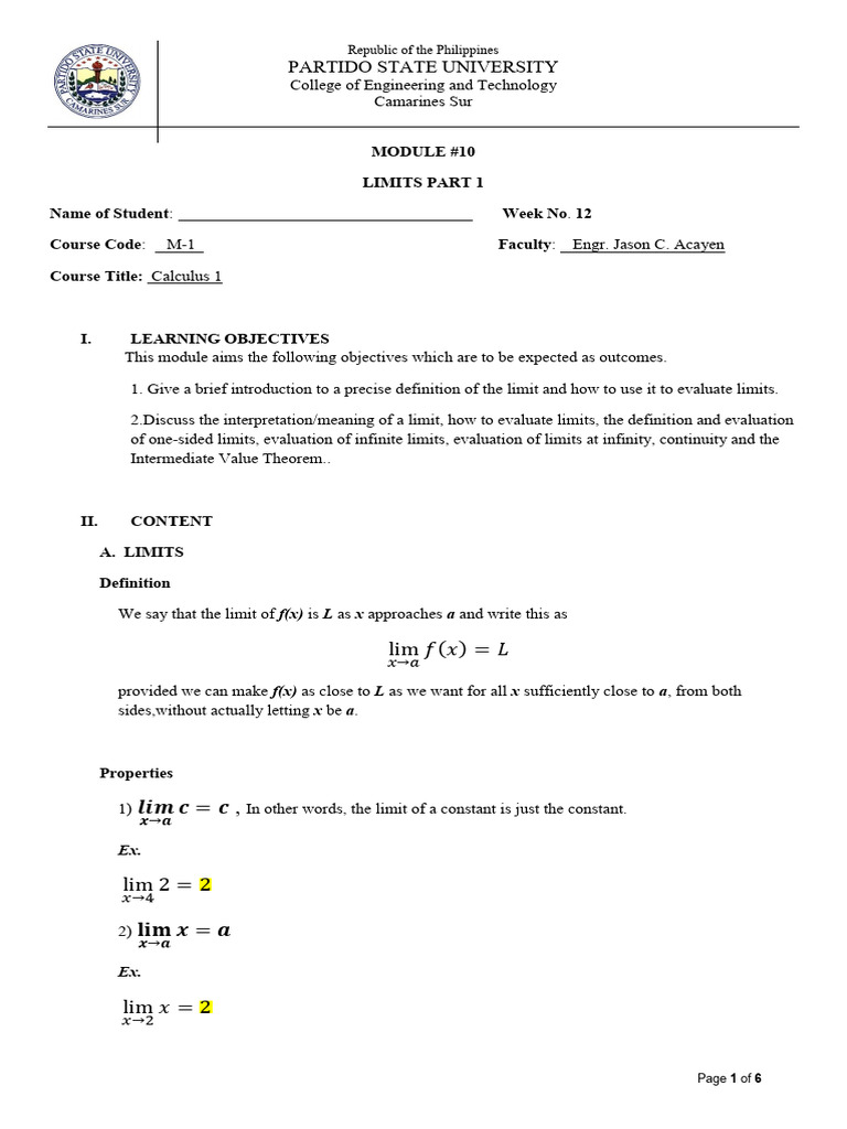 M 1 Module 10 | PDF | Limit (Mathematics) | Calculus