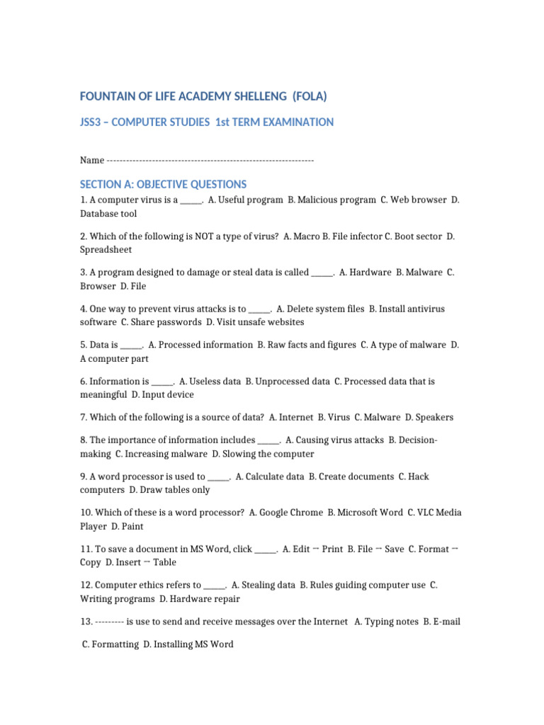 JSS3 Computer Studies Examneww | PDF | Computer Virus | Malware