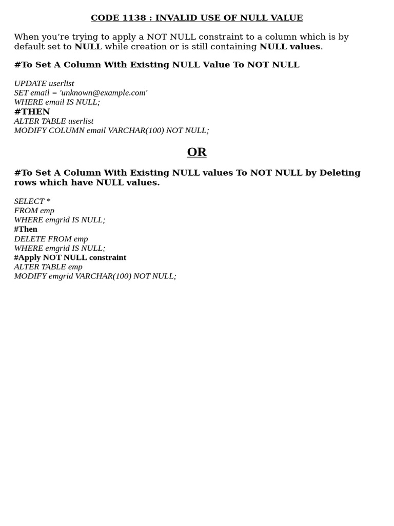 CODE 1138: Invalid Use of Null Value in MySQL | PDF
