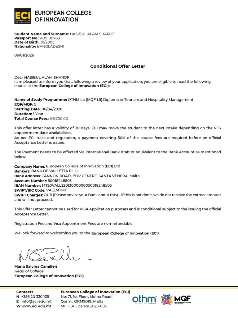 Conditional Offer Letter - Hasibul Alam Sharof | PDF