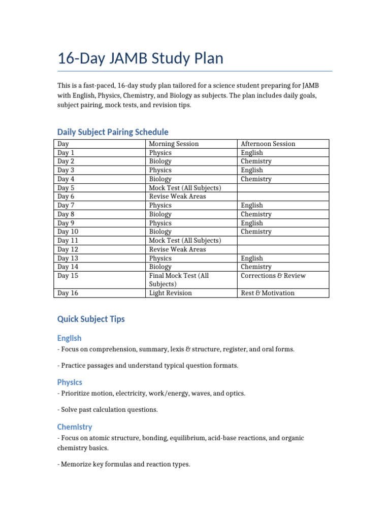 JAMB 16 Day Study Plan | PDF