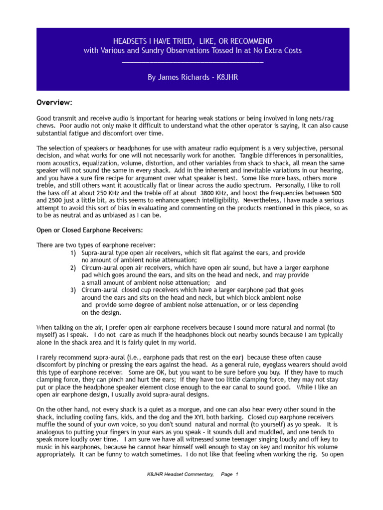 Headset Notes and Reecommendations | PDF | Headphones | Microphone