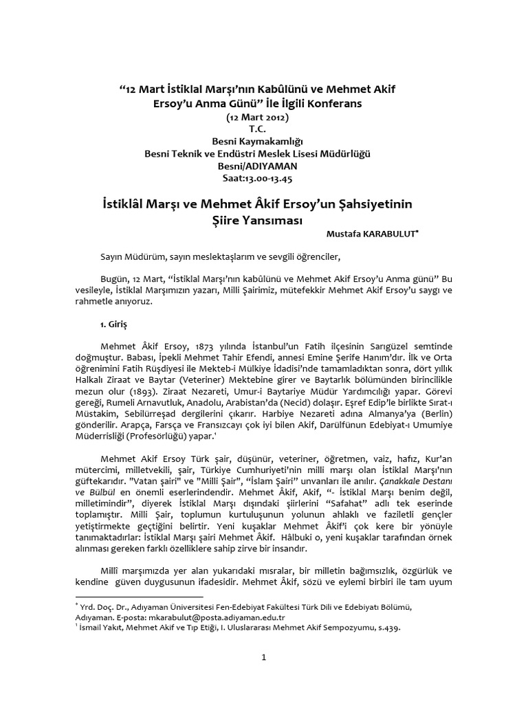 Mustafa Karabulut Istiklal Marsi Mehmet Akif Ersoy | PDF
