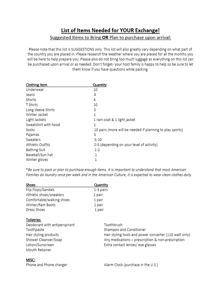 Student - List of Items Needed For YOUR Exchange | PDF | Clothing | Fashion