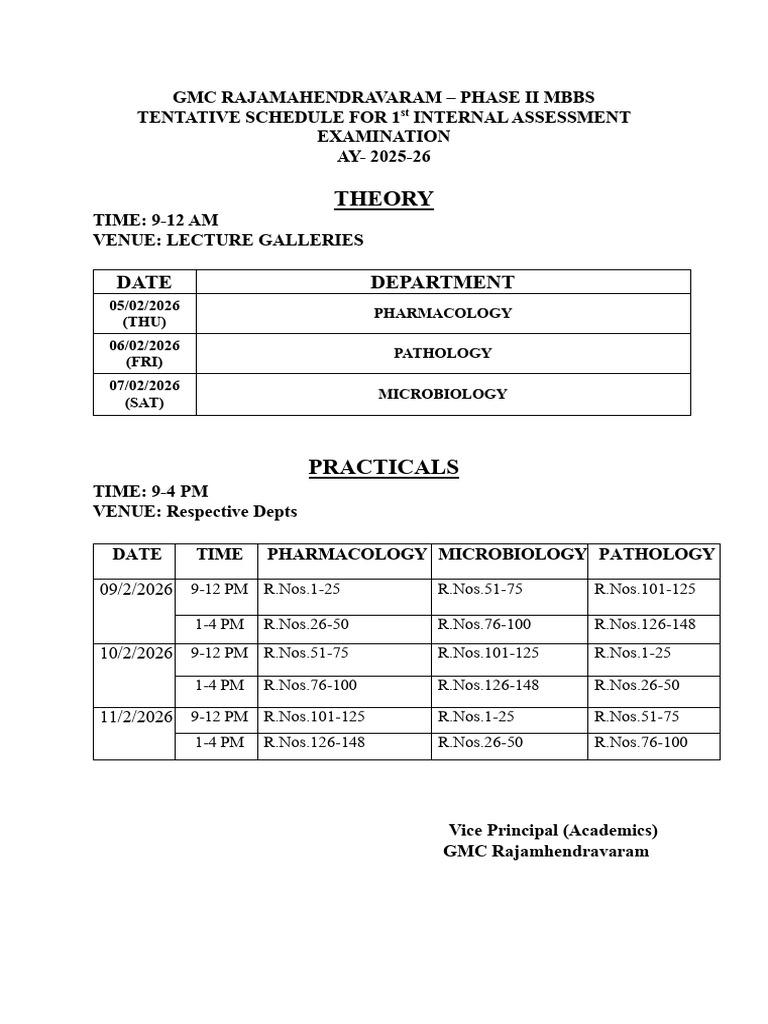 1st Internal Circular - Tentative 2025-26 | PDF