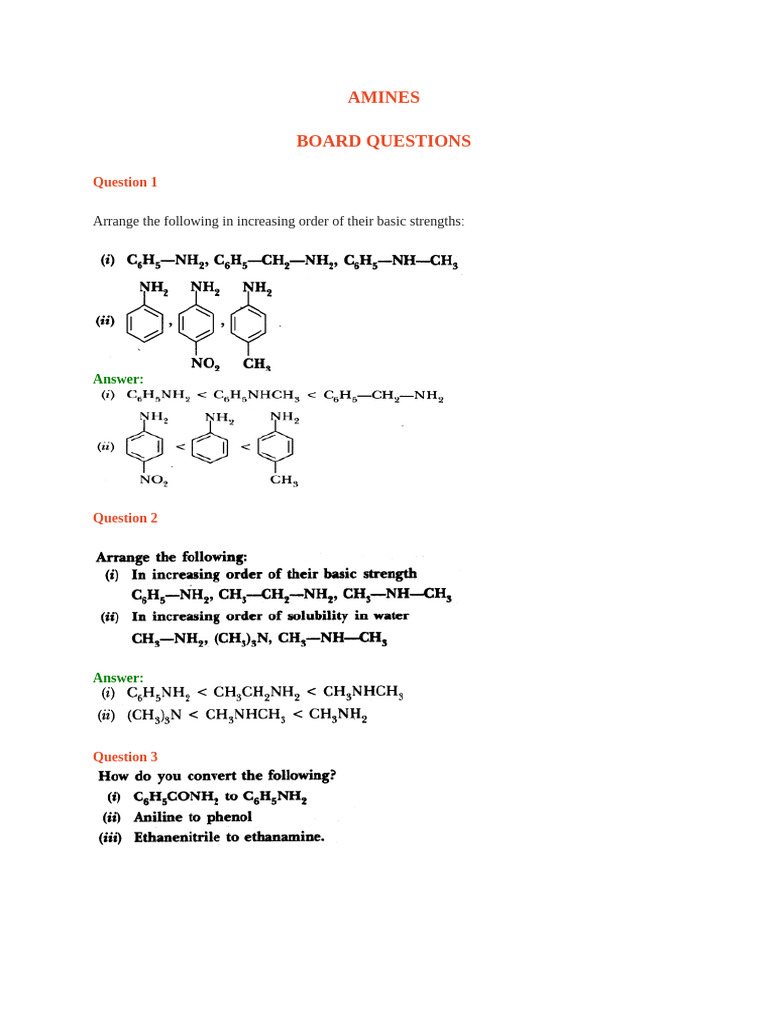 Amines Board Questions and Answers | PDF | Amine | Functional Group
