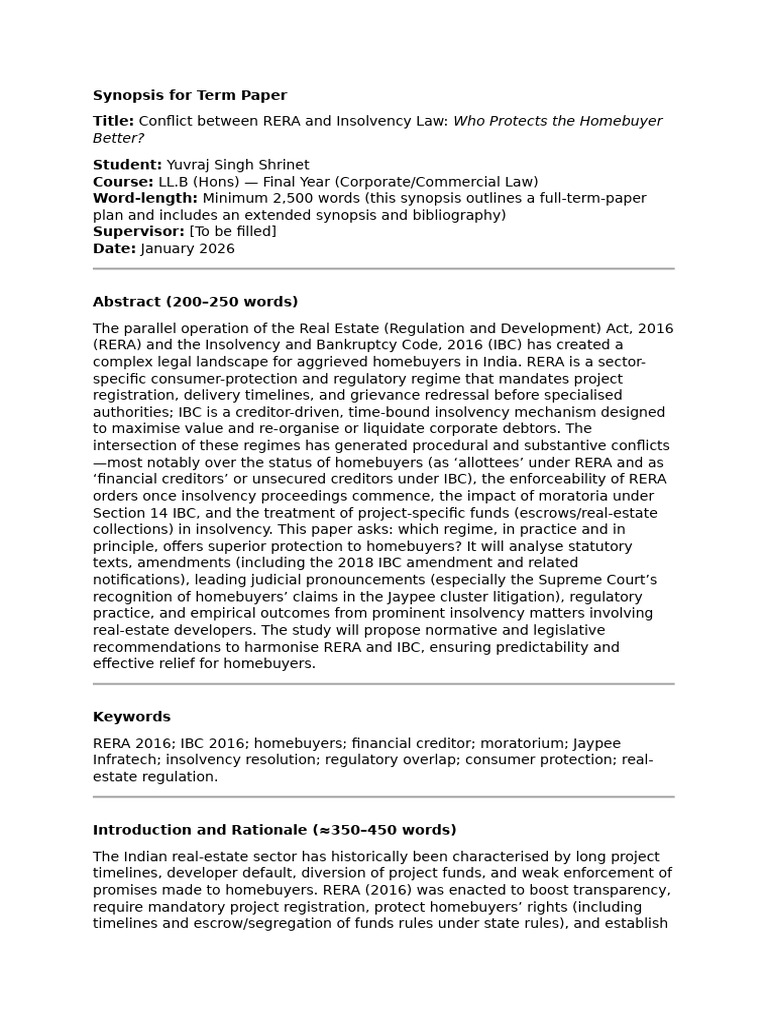 Synopsis for Term Paper | PDF | Bankruptcy | Insolvency
