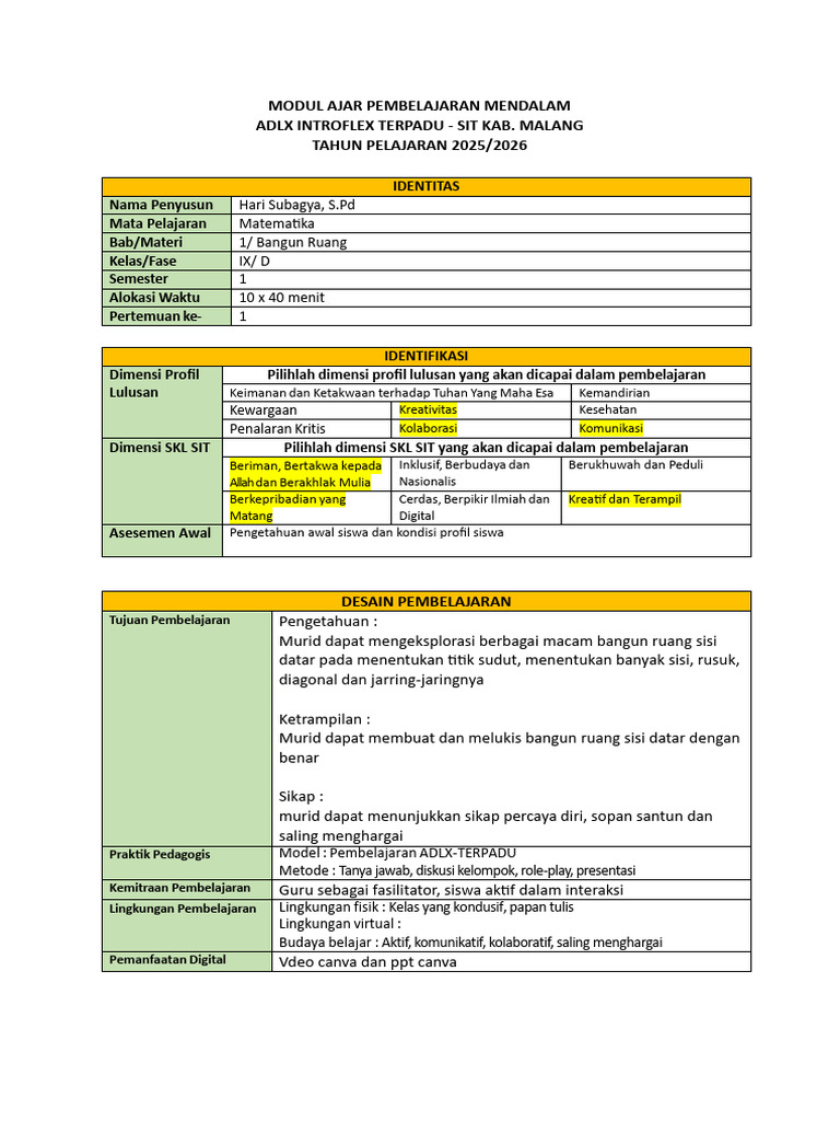 Modul Ajar SMP TERPADU - Matematika Kelas 9 | PDF