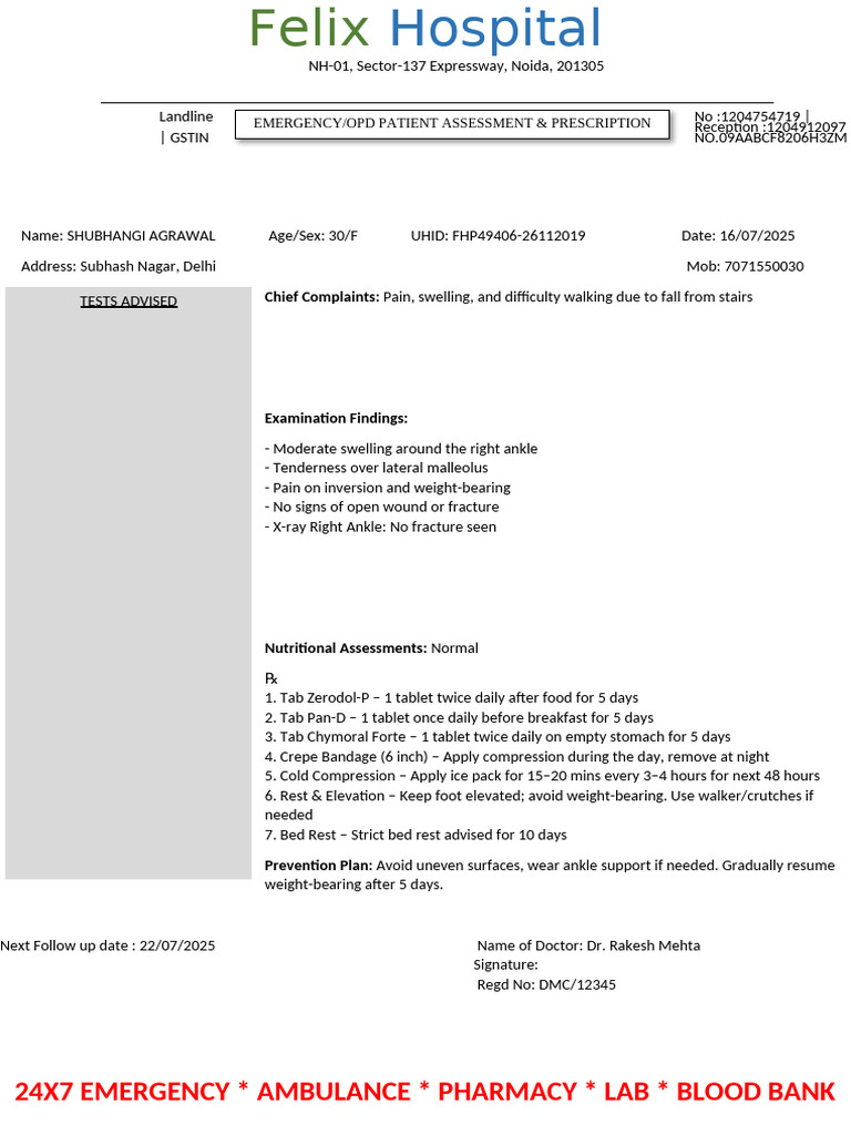 Felix Hospital Ankle Injury Prescription Final | PDF | Medicine ...