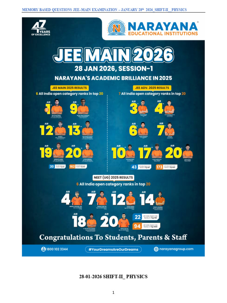 28 01 2026 - Jee Main (Session 1) Shift Ii - Physics - Memory Based ...