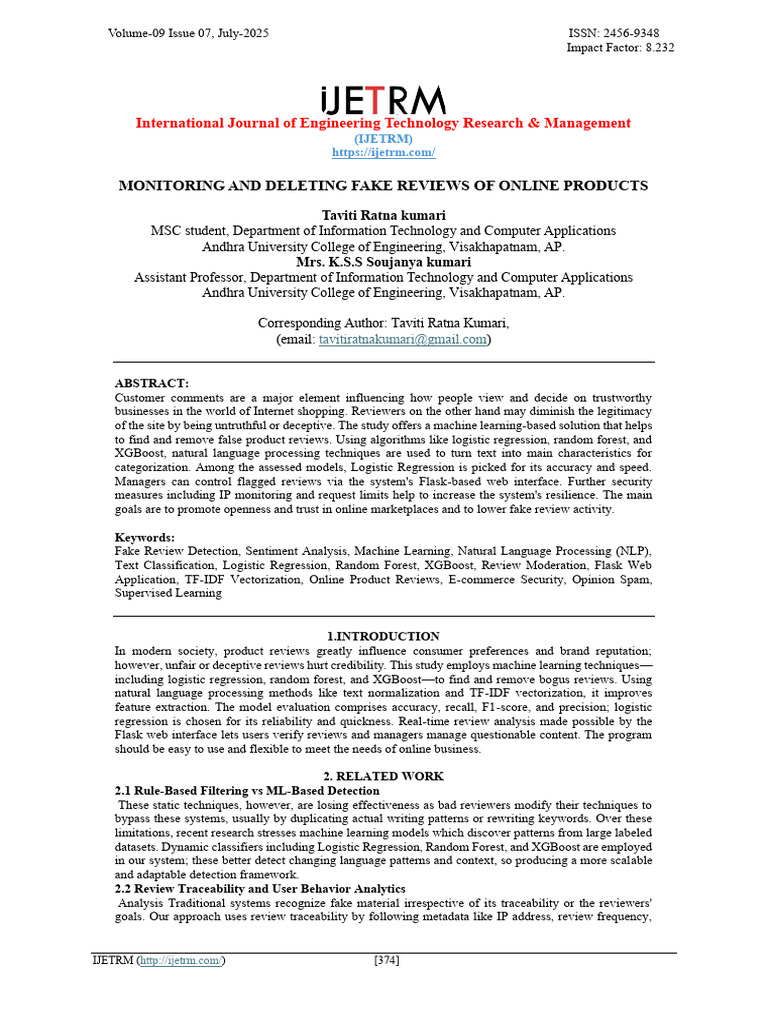 Monitoring and Deleting Fake Reviews of | PDF | Machine Learning ...