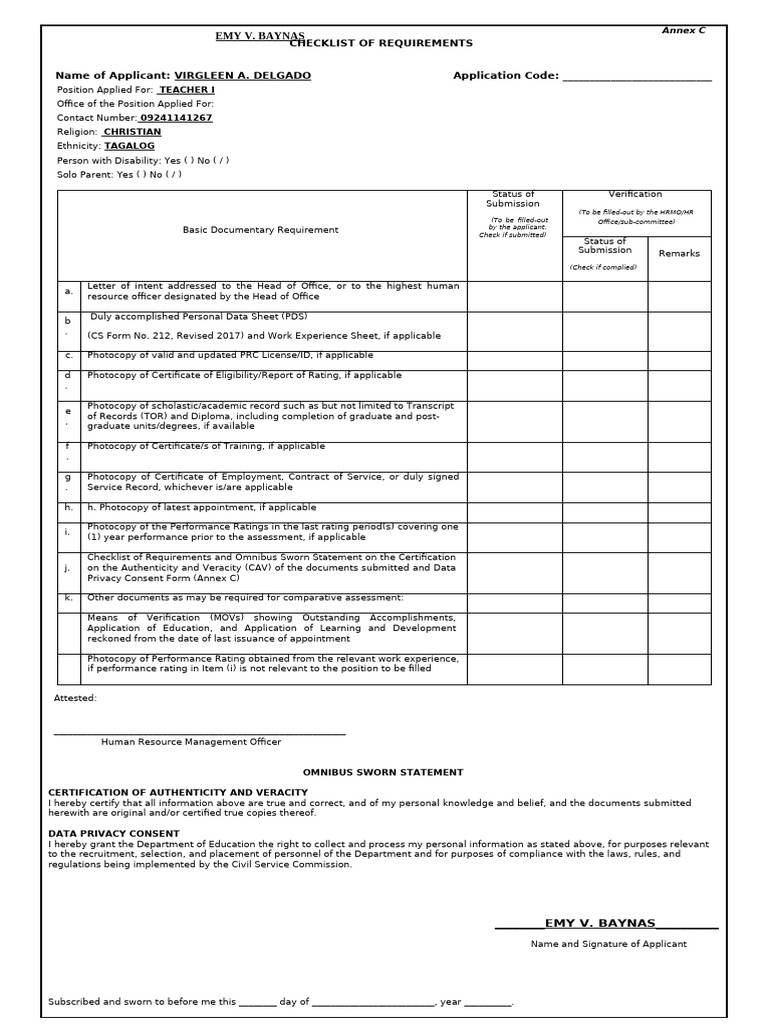ANNEX C Checklist of Requirements and Omnibus Sworn Statement | PDF ...